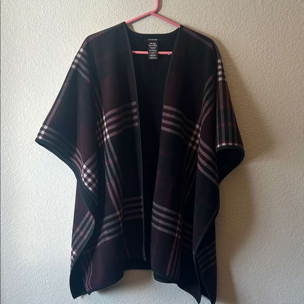 Ike Behar Black and Plum Plaid Knit Poncho